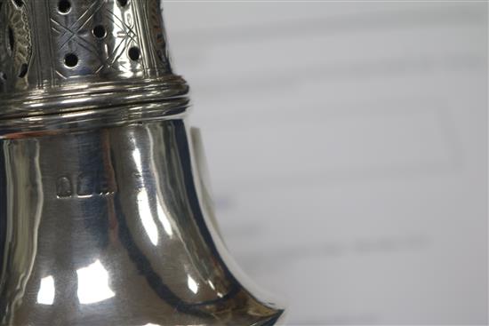 A George III Britannia standard silver baluster caster, London 1780, 5ozs.